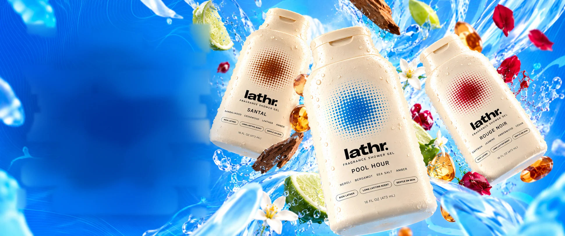 LATHR fragrance shower gels with citrus, flowers and water splash